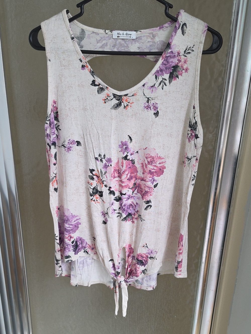 Floral Tie-Front Sleeveless Top - Cream with Pink & Purple Flowers